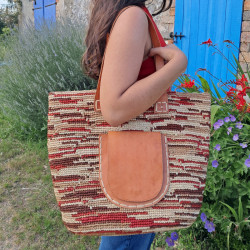 Sac fait main en véritable raphia de Madagascar. Pochette cuir.